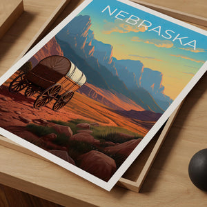 Nebraska Poster – Covered Wagon Frontier Trail Sunset Print