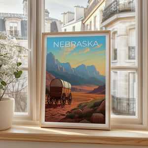 Nebraska Poster – Covered Wagon Frontier Trail Sunset Print