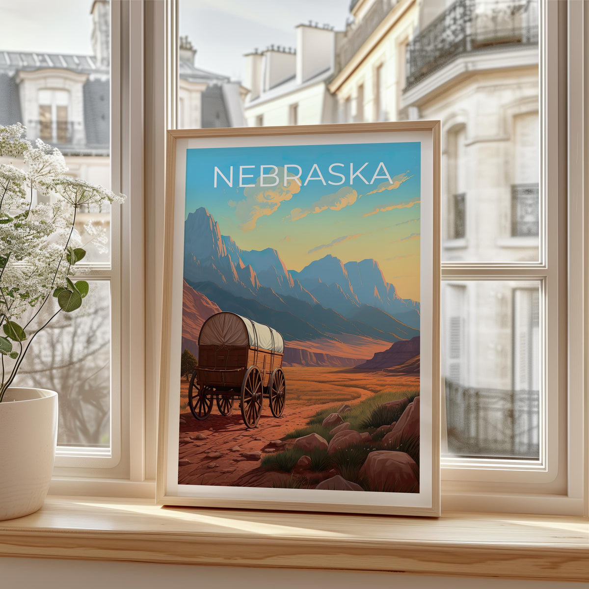Nebraska Poster – Covered Wagon Frontier Trail Sunset Print