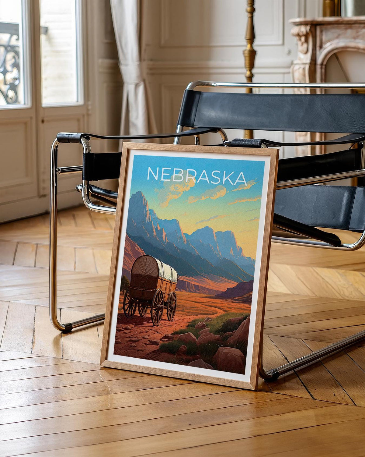 Nebraska Poster – Covered Wagon Frontier Trail Sunset Print
