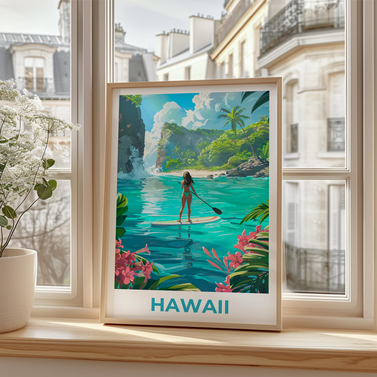 Hawaii Paddleboarding Lagoon Tropical Cove Poster