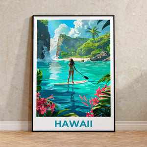 Hawaii Paddleboarding Lagoon Tropical Cove Poster
