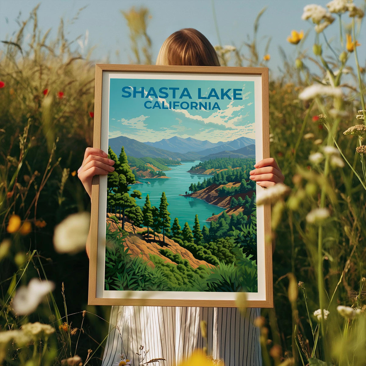 Shasta Lake California Poster, Pine Forest Lake Print