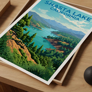 Shasta Lake California Poster, Pine Forest Lake Print