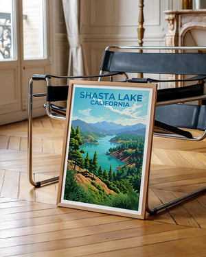 Shasta Lake California Poster, Pine Forest Lake Print