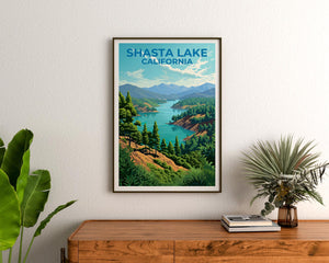 Shasta Lake California Poster, Pine Forest Lake Print