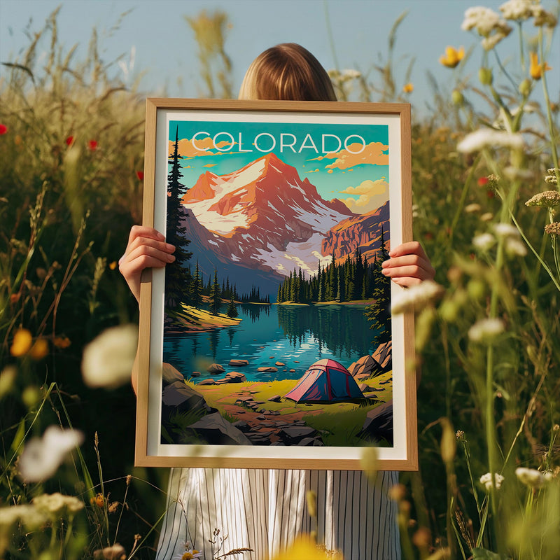 Colorado Poster: Alpine Lake, Tent & Snowy Peak