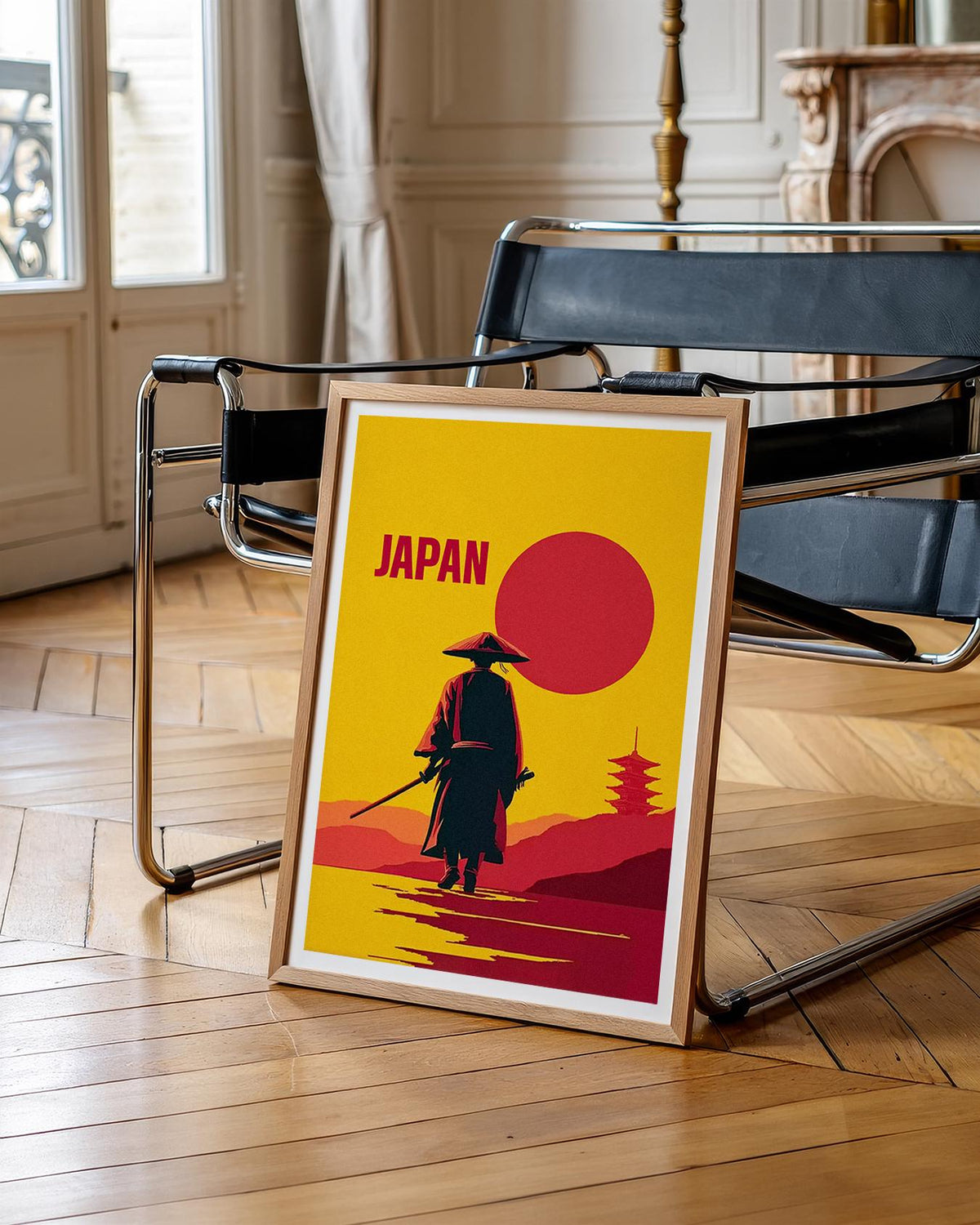 Japan Samurai Poster – Minimalist Red Sun Warrior Art Print