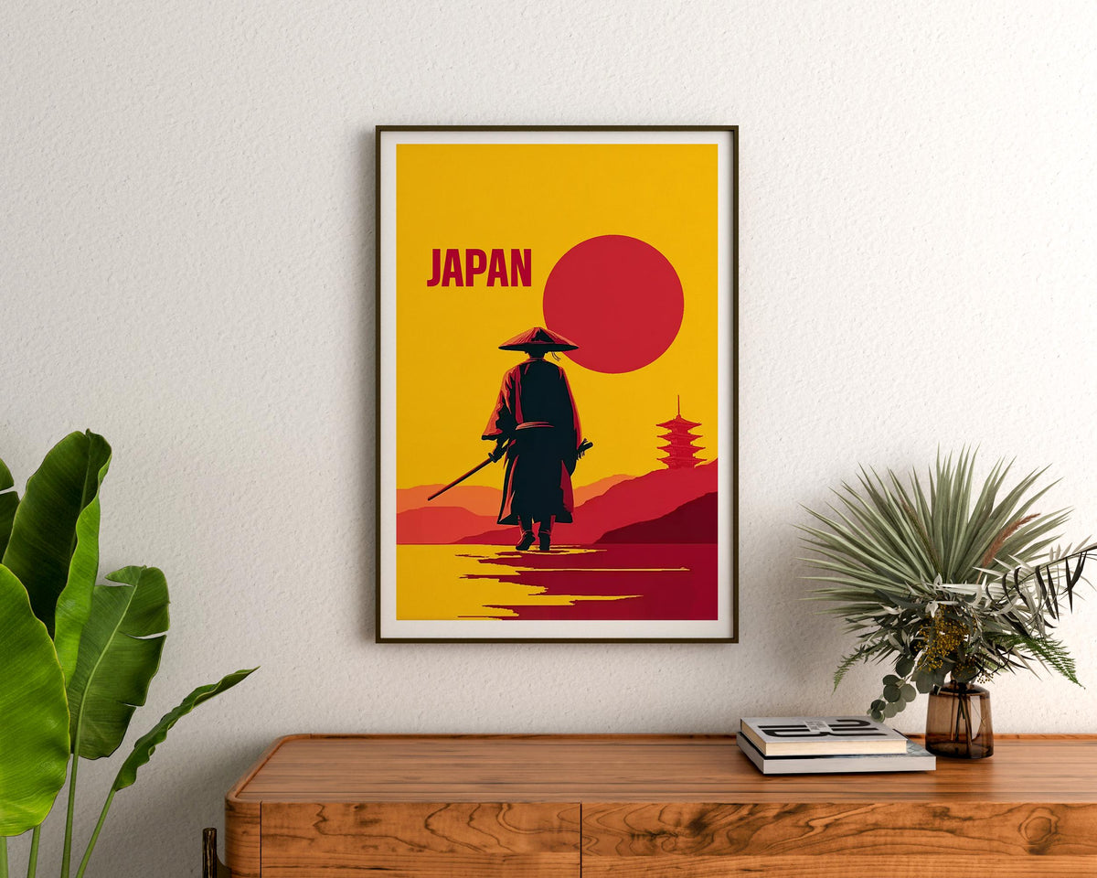 Japan Samurai Poster – Minimalist Red Sun Warrior Art Print