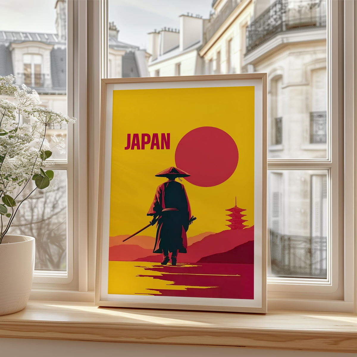 Japan Samurai Poster – Minimalist Red Sun Warrior Art Print