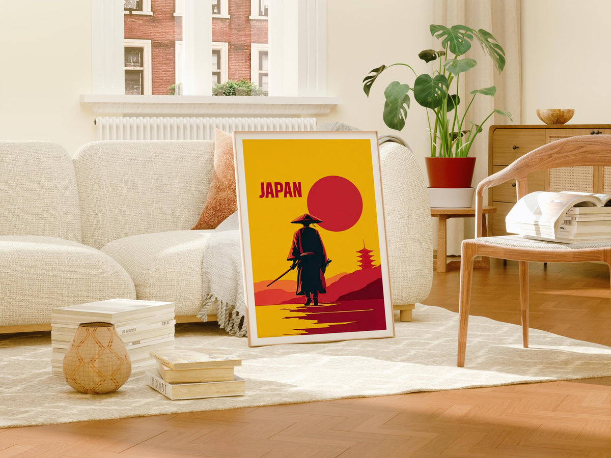 Japan Samurai Poster – Minimalist Red Sun Warrior Art Print