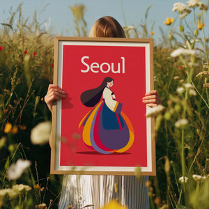 Seoul South Korea Poster, Woman in Hanbok Illustration