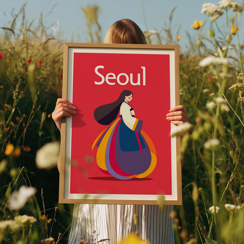 Seoul South Korea Poster, Woman in Hanbok Illustration