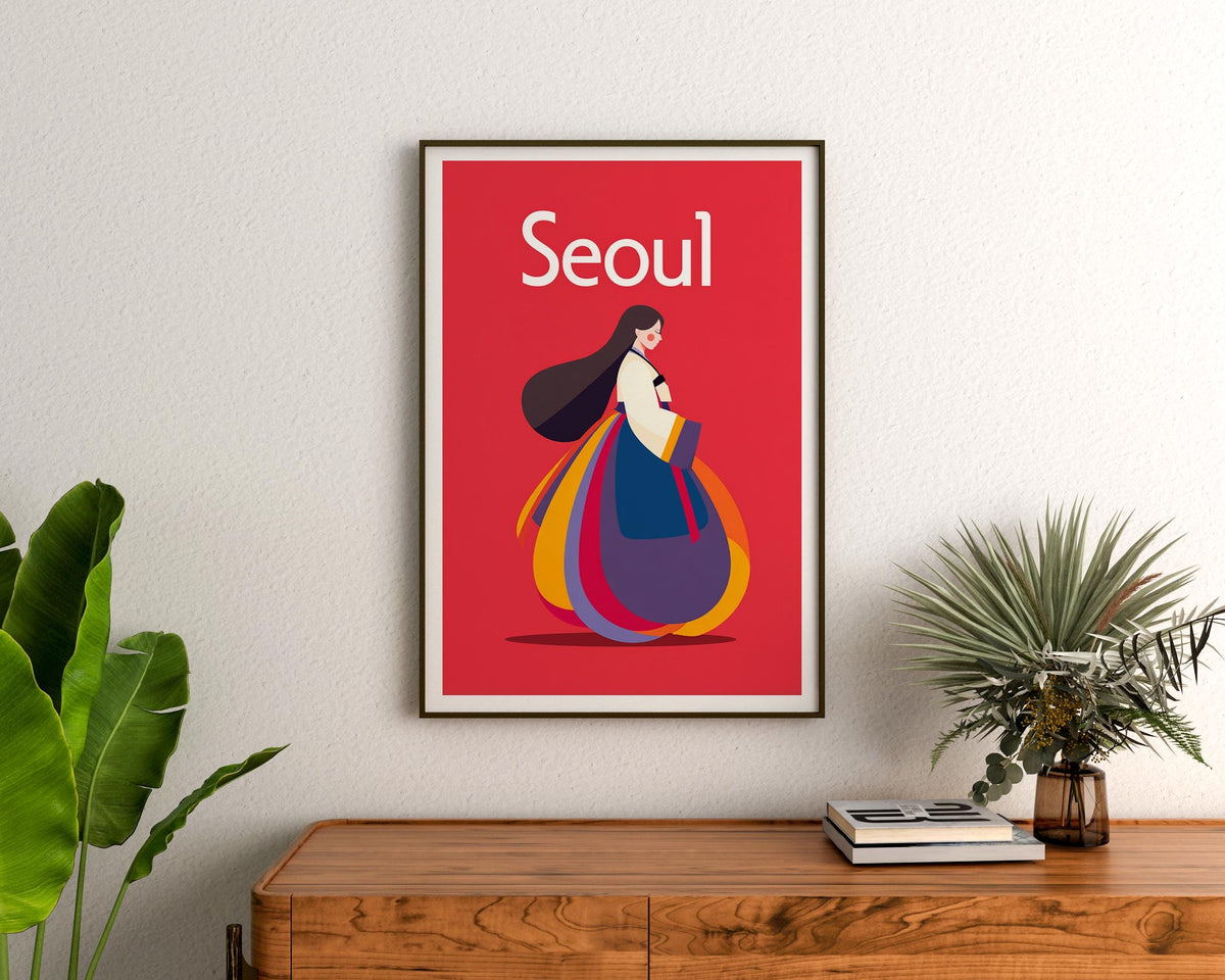 Seoul South Korea Poster, Woman in Hanbok Illustration