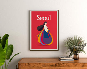 Seoul South Korea Poster, Woman in Hanbok Illustration