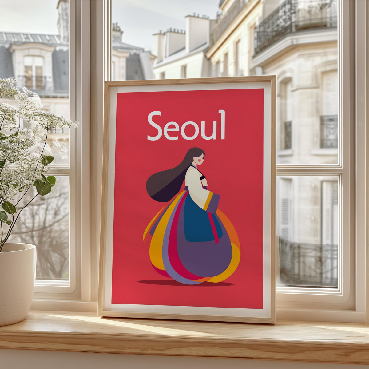 Seoul South Korea Poster, Woman in Hanbok Illustration