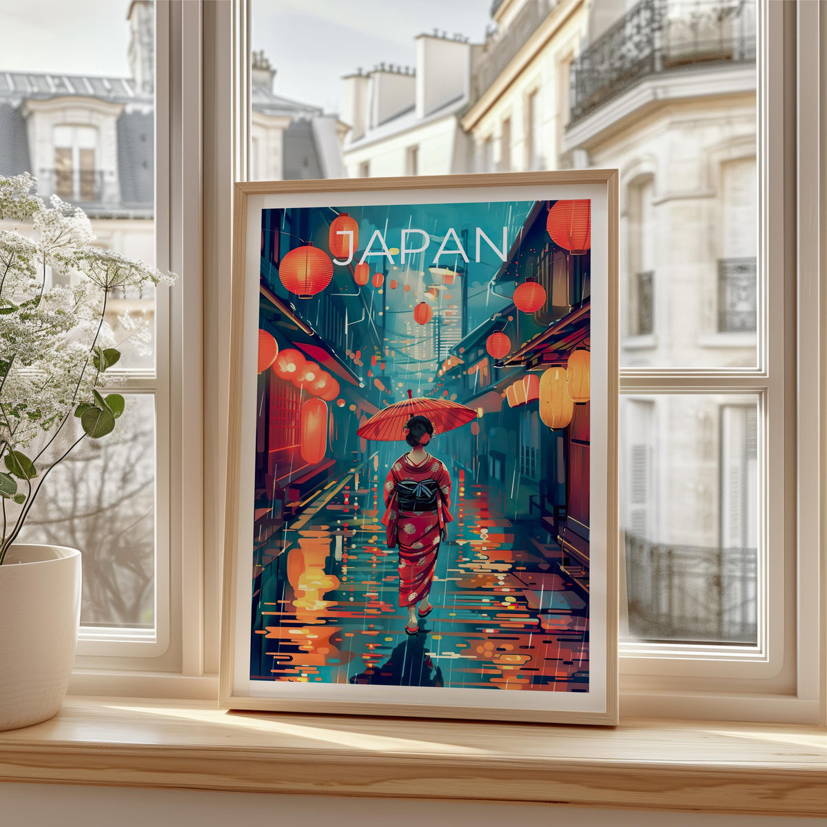 Japan Poster – Geisha in Kimono on Rainy Lantern Street