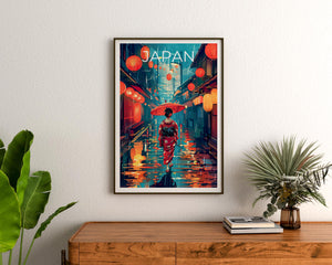 Japan Poster – Geisha in Kimono on Rainy Lantern Street