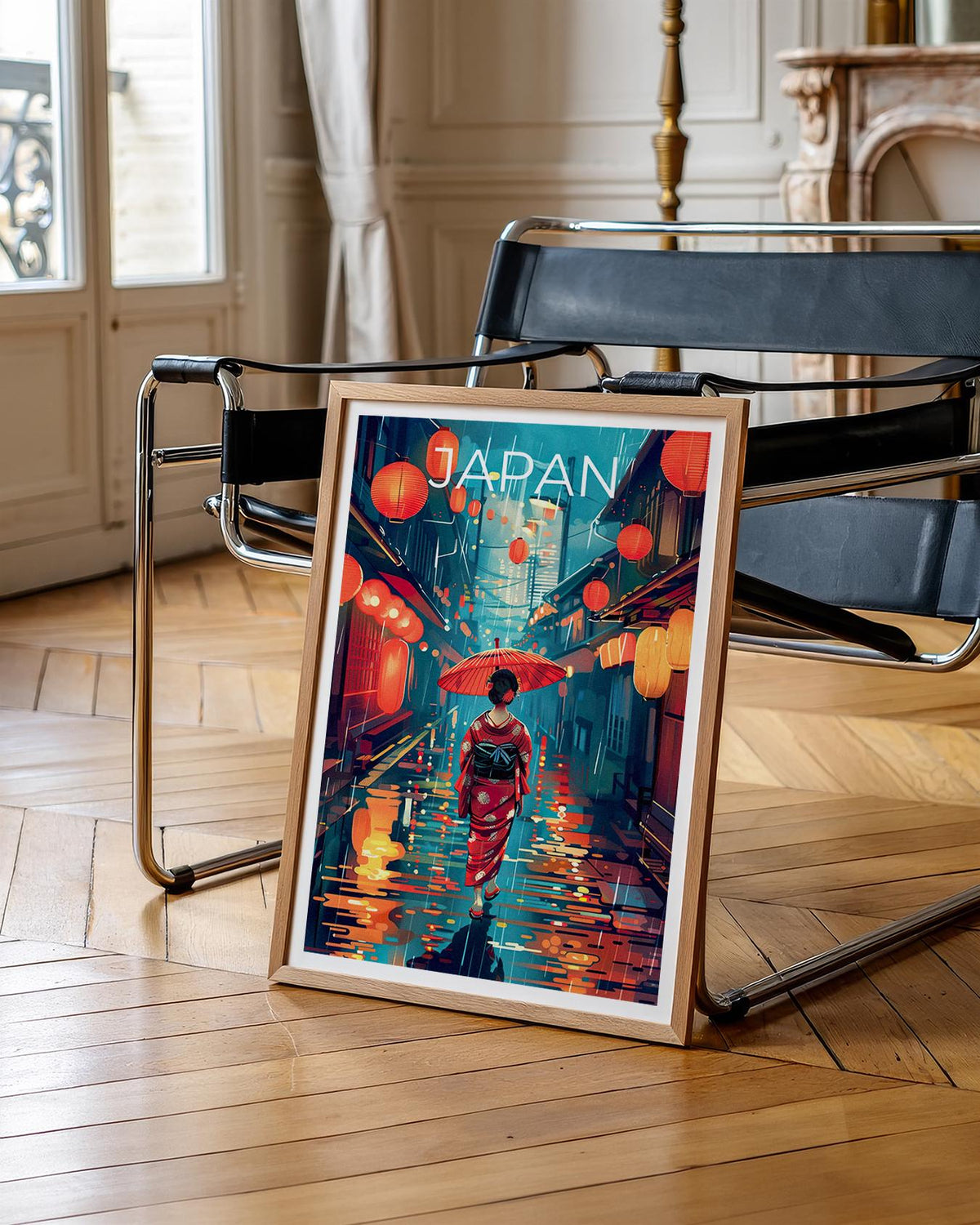 Japan Poster – Geisha in Kimono on Rainy Lantern Street