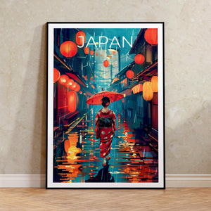 Japan Poster – Geisha in Kimono on Rainy Lantern Street