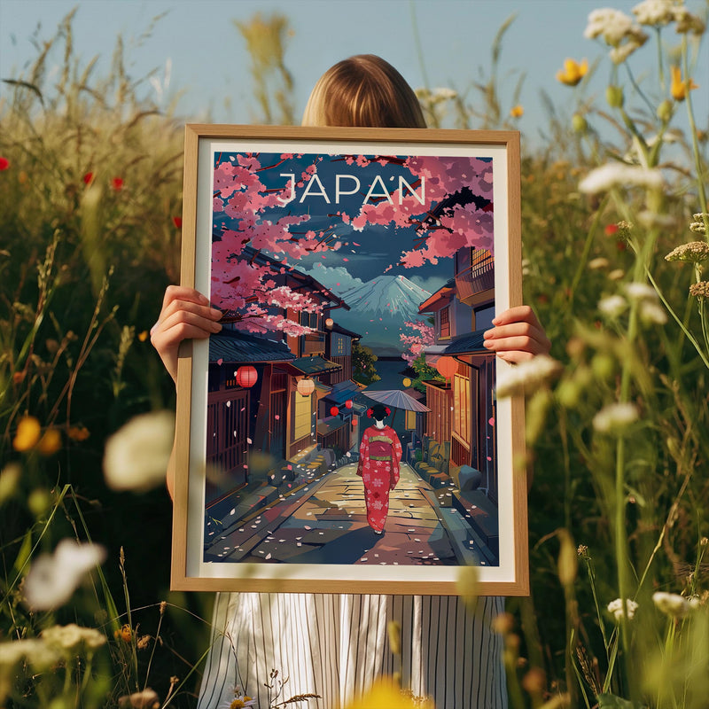 Japan Poster, Geisha & Mount Fuji Cherry Blossom Print