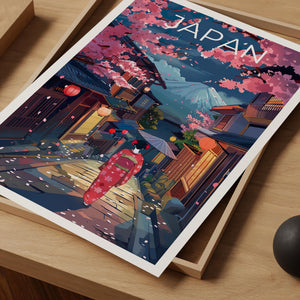 Japan Poster, Geisha & Mount Fuji Cherry Blossom Print
