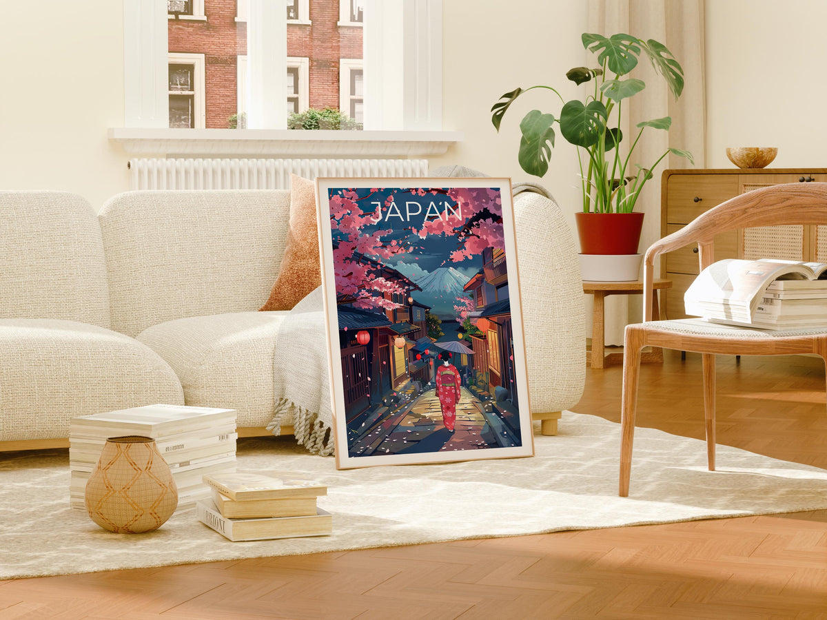 Japan Poster, Geisha & Mount Fuji Cherry Blossom Print