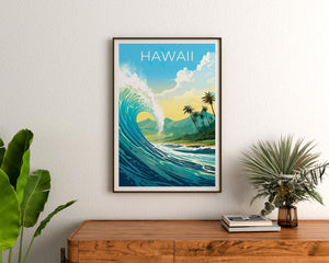 Hawaii Travel Poster, Giant Ocean Wave Surf Print