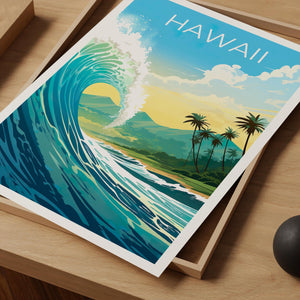 Hawaii Travel Poster, Giant Ocean Wave Surf Print