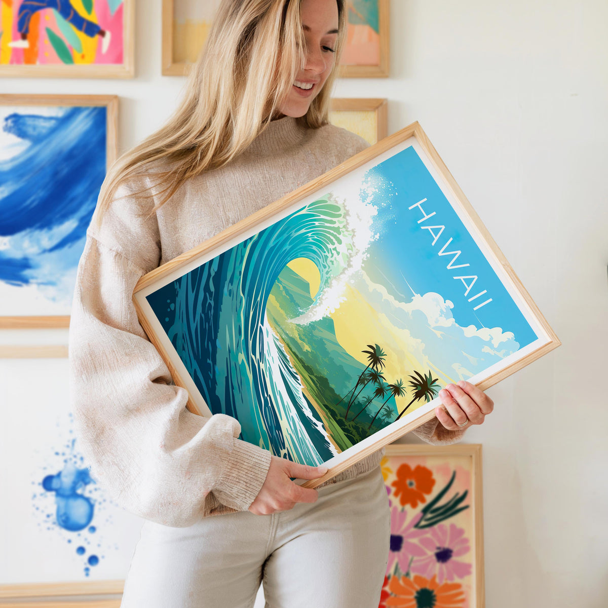 Hawaii Travel Poster, Giant Ocean Wave Surf Print