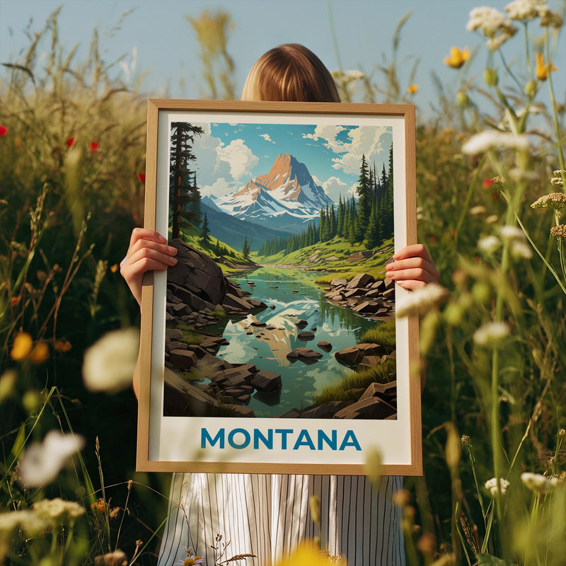 Montana Poster – Snowy Peak & Lake Reflection Print