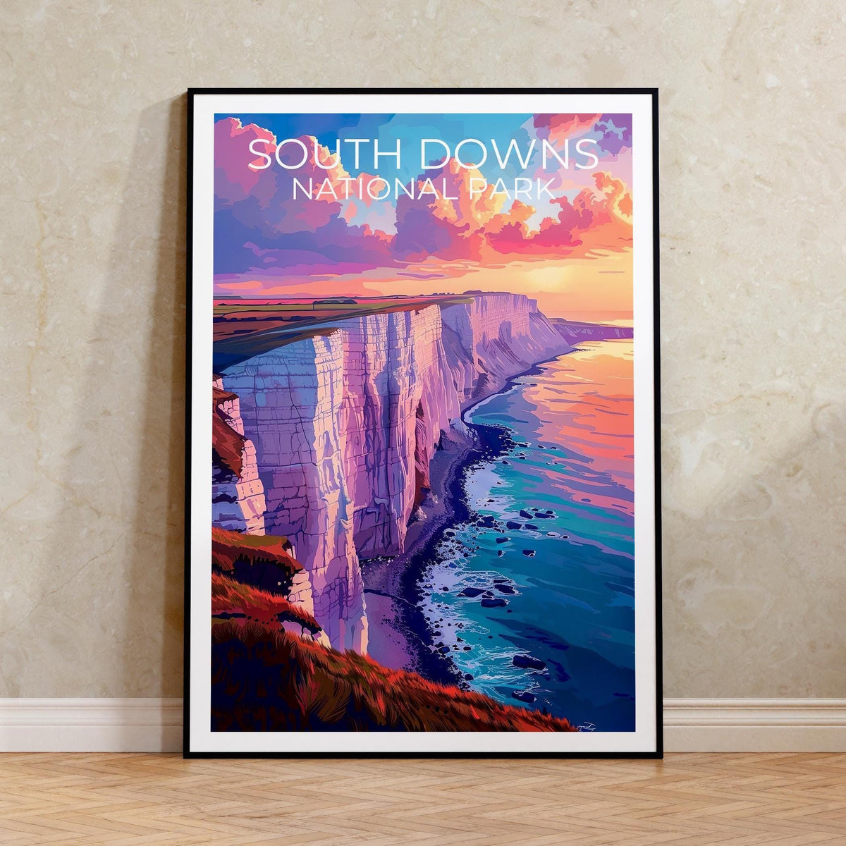 South Downs Poster — White Chalk Cliffs at Sunset