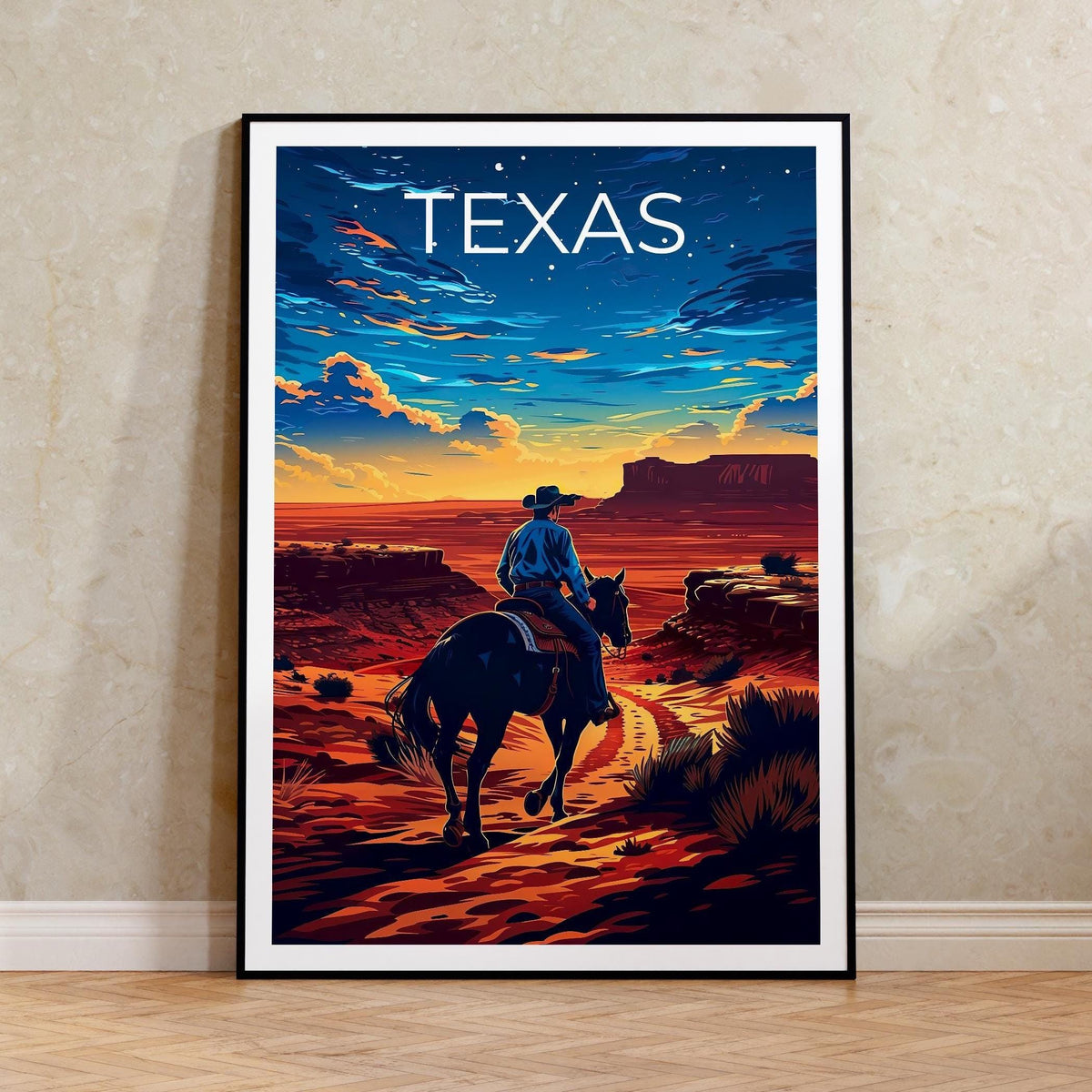 Texas Cowboy Print, Desert Sunset Horse Rider Poster