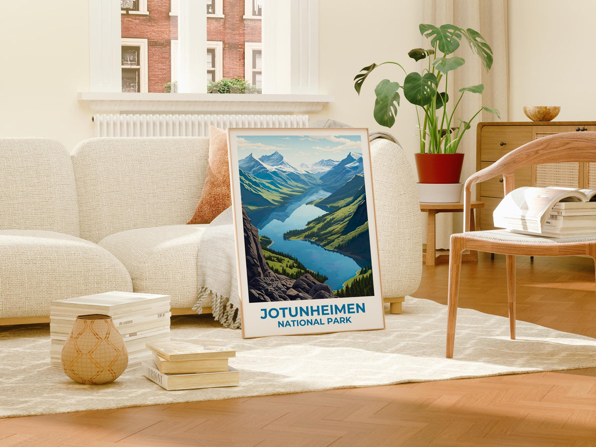 Jotunheimen Poster: Norway Snowy Peaks & Glacial Lake