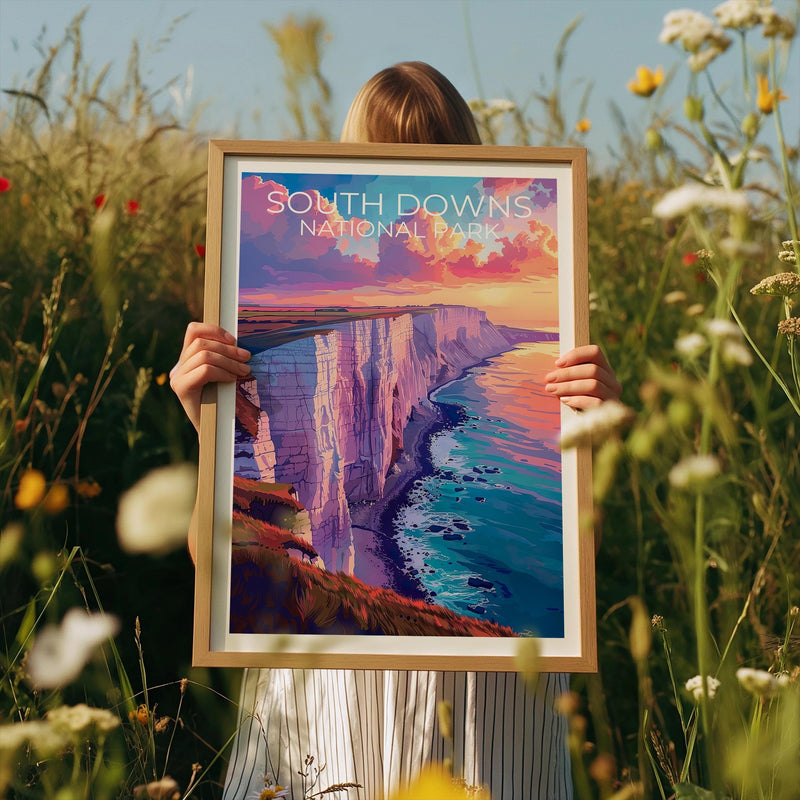 South Downs Poster — White Chalk Cliffs at Sunset