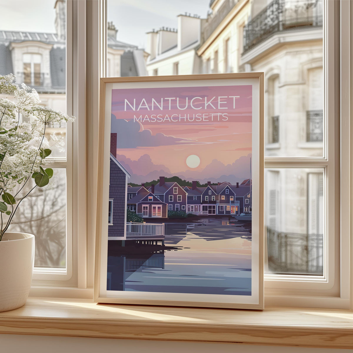 Nantucket Massachusetts Poster Waterfront Cottages Sunset