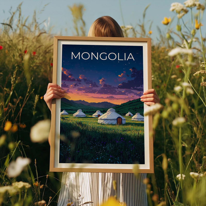 Mongolia Poster – Yurt Camp Grassland Night Sky Art