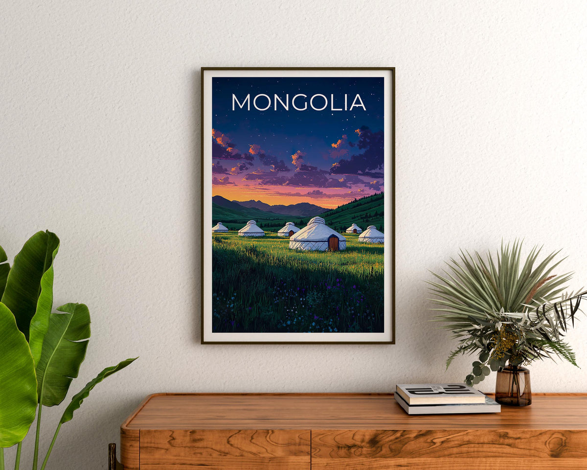 Mongolia Poster – Yurt Camp Grassland Night Sky Art