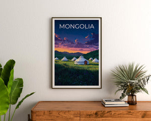 Mongolia Poster – Yurt Camp Grassland Night Sky Art