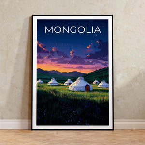 Mongolia Poster – Yurt Camp Grassland Night Sky Art