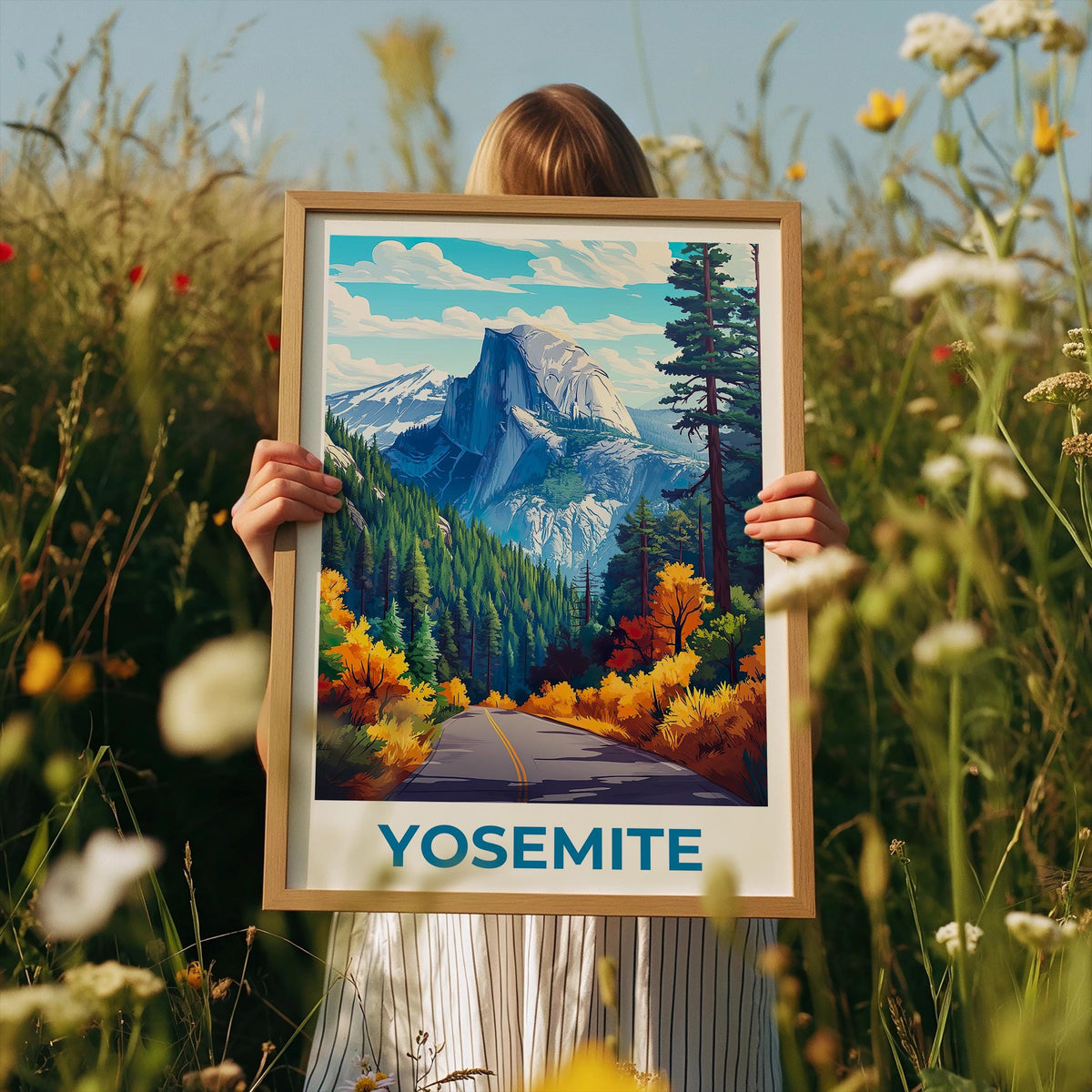 Yosemite Half Dome Poster - Autumn Road Through Pines