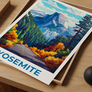 Yosemite Half Dome Poster - Autumn Road Through Pines