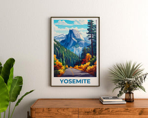 Yosemite Half Dome Poster - Autumn Road Through Pines