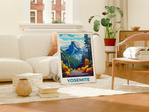 Yosemite Half Dome Poster - Autumn Road Through Pines