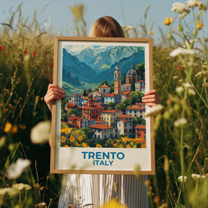 Trento Italy Poster, Alpine Town & Church Bell Tower