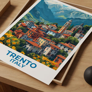 Trento Italy Poster, Alpine Town & Church Bell Tower