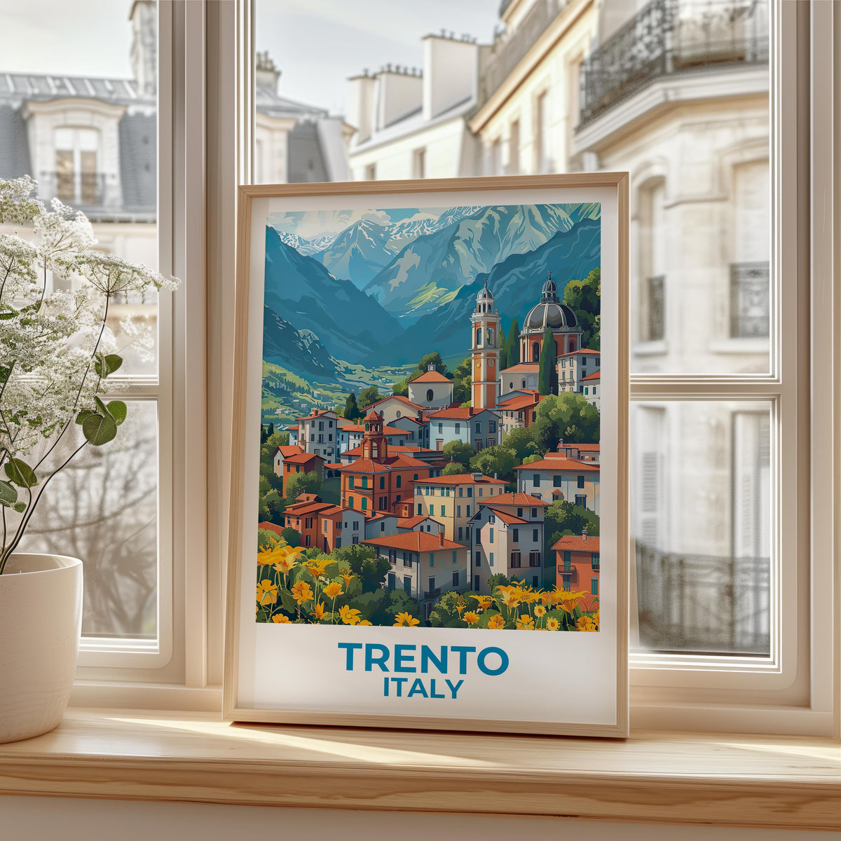 Trento Italy Poster, Alpine Town & Church Bell Tower
