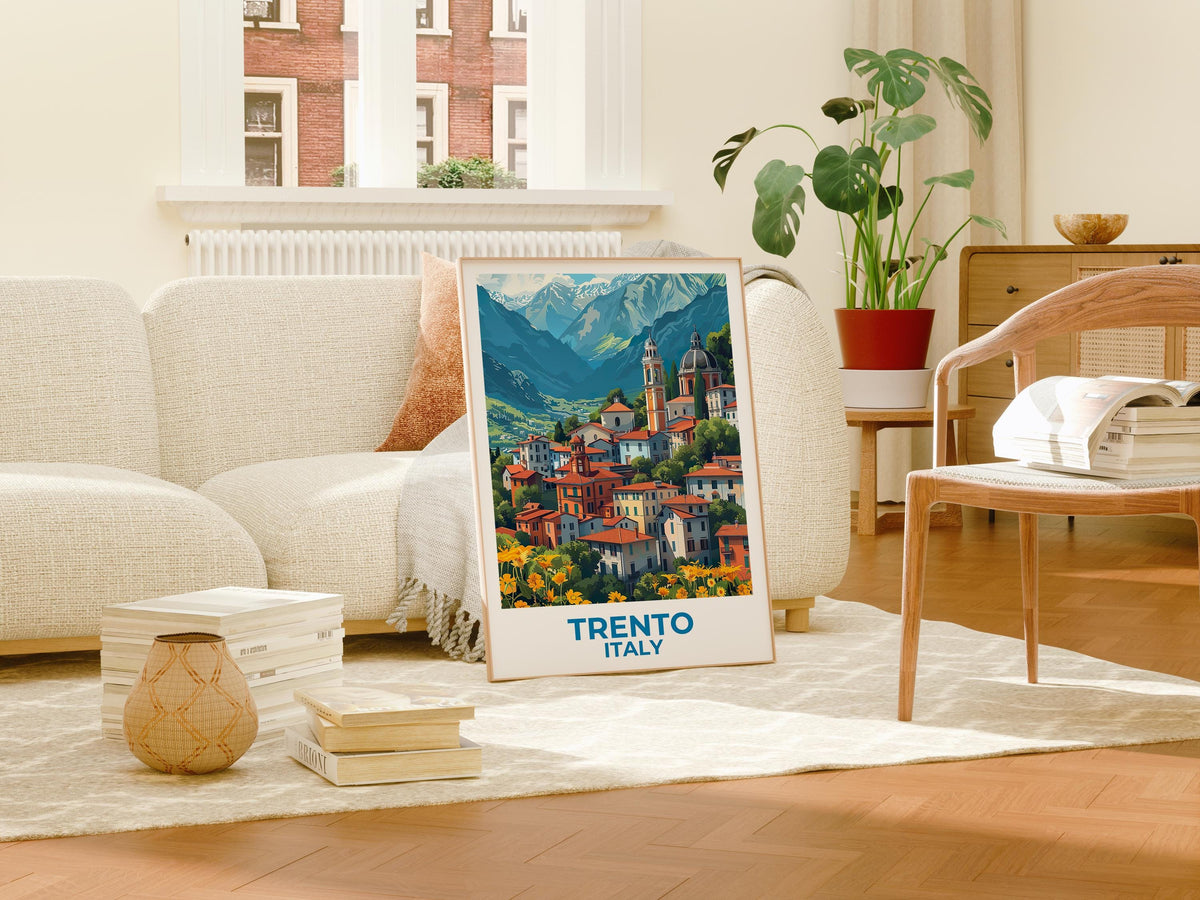 Trento Italy Poster, Alpine Town & Church Bell Tower