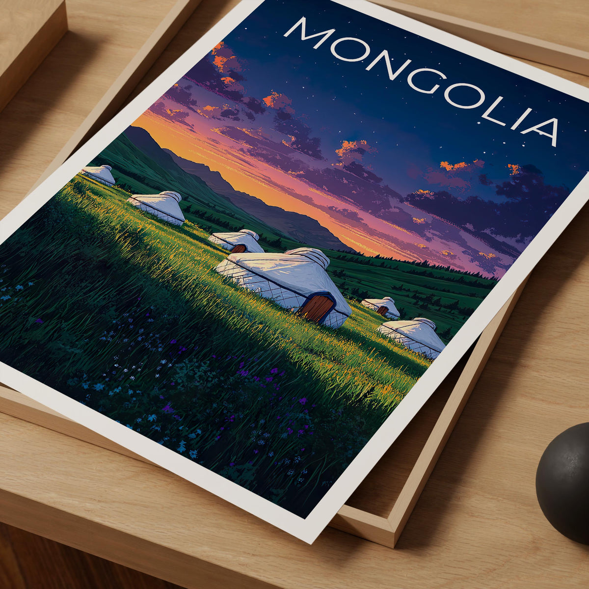 Mongolia Poster – Yurt Camp Grassland Night Sky Art