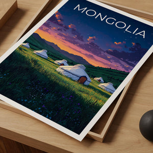 Mongolia Poster – Yurt Camp Grassland Night Sky Art